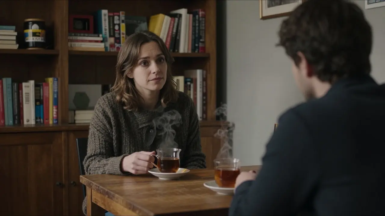 A woman and client sit at a wooden table in a cozy Paris apartment, tea between them, bookshelves and soft lamplight creating a warm, authentic atmosphere.