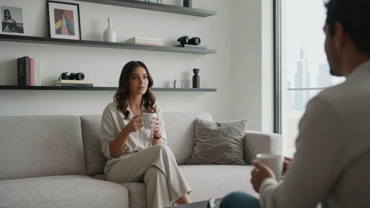 A woman and client sitting together in a luxury apartment, engaged in thoughtful, non-transactional conversation.