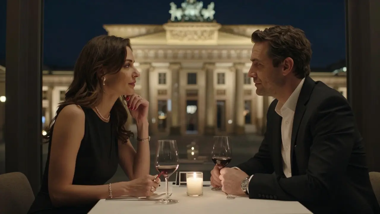 A woman and man having a quiet dinner at a high-end Berlin restaurant, engaged in thoughtful conversation.