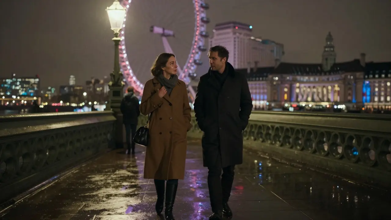 A woman listening to a man walk along the Thames at night, tears in his eyes under streetlight.