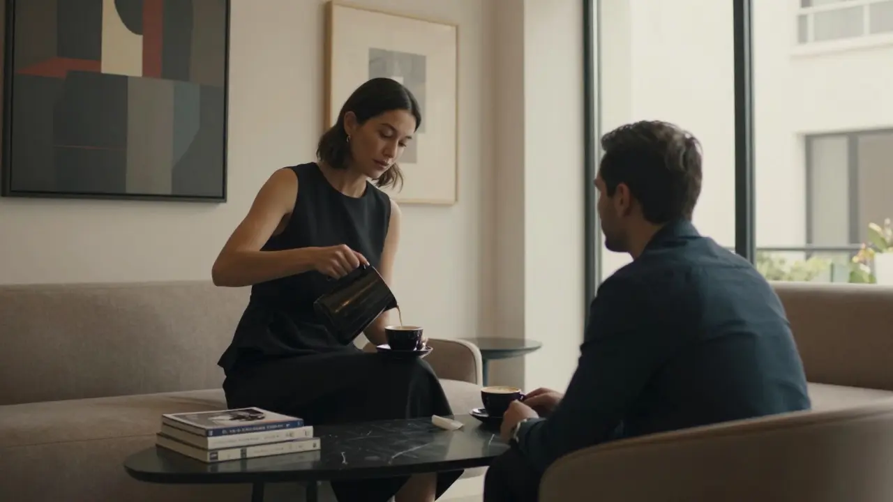 A woman pouring coffee for a man in a contemporary art lounge in Alserkal Avenue, engaged in thoughtful dialogue.