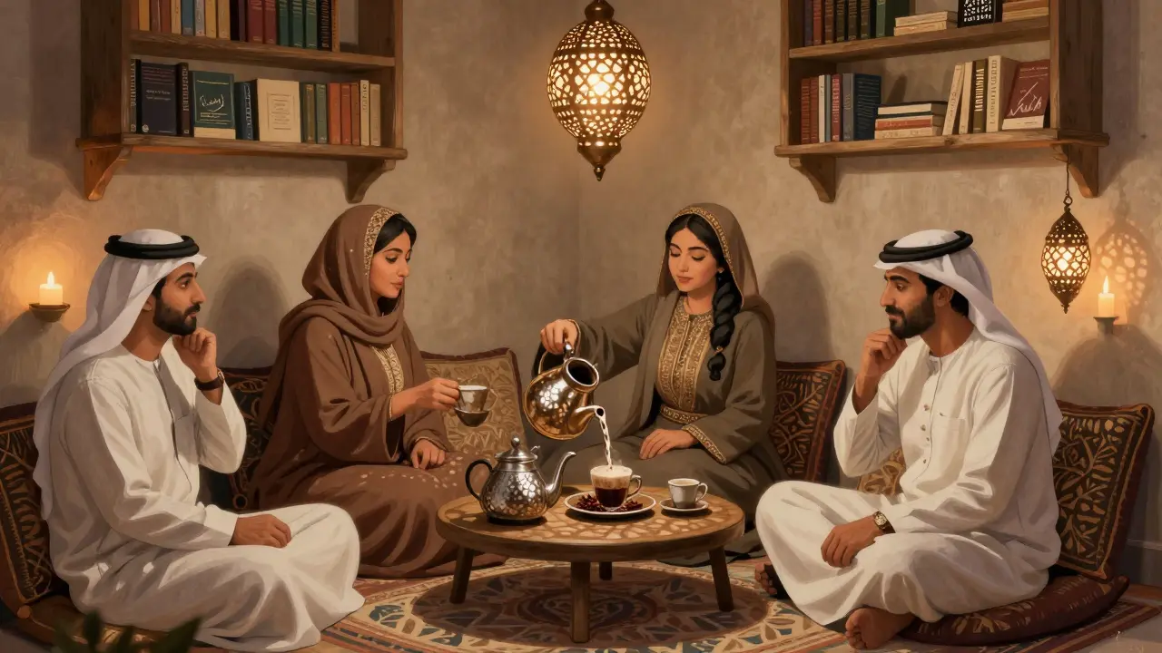 A woman pouring traditional Emirati coffee in a cultural tea house while sharing poetry stories.