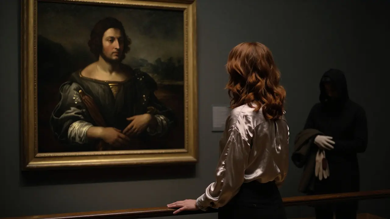 A woman stands alone before a Caravaggio painting in a private gallery after hours, illuminated by a single spotlight.