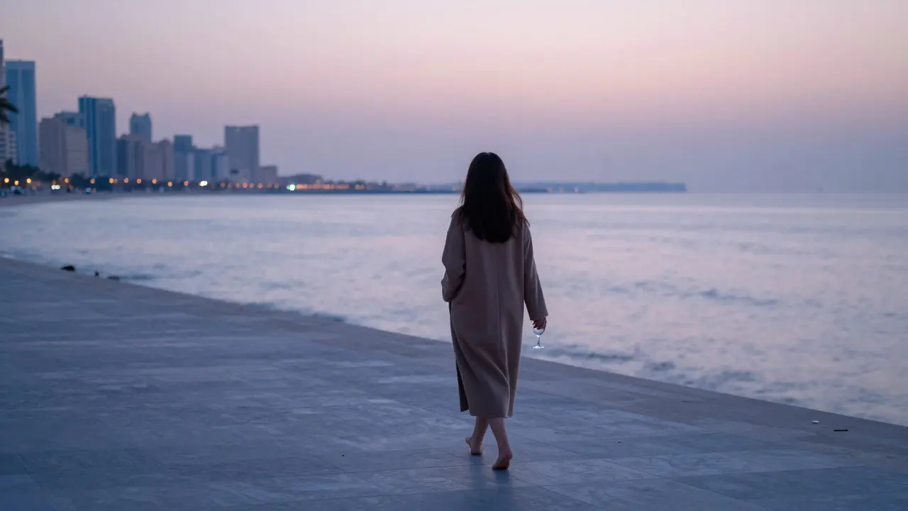 A woman walks barefoot along a deserted Dubai seaside at dawn, holding an empty wine glass, serene and alone.