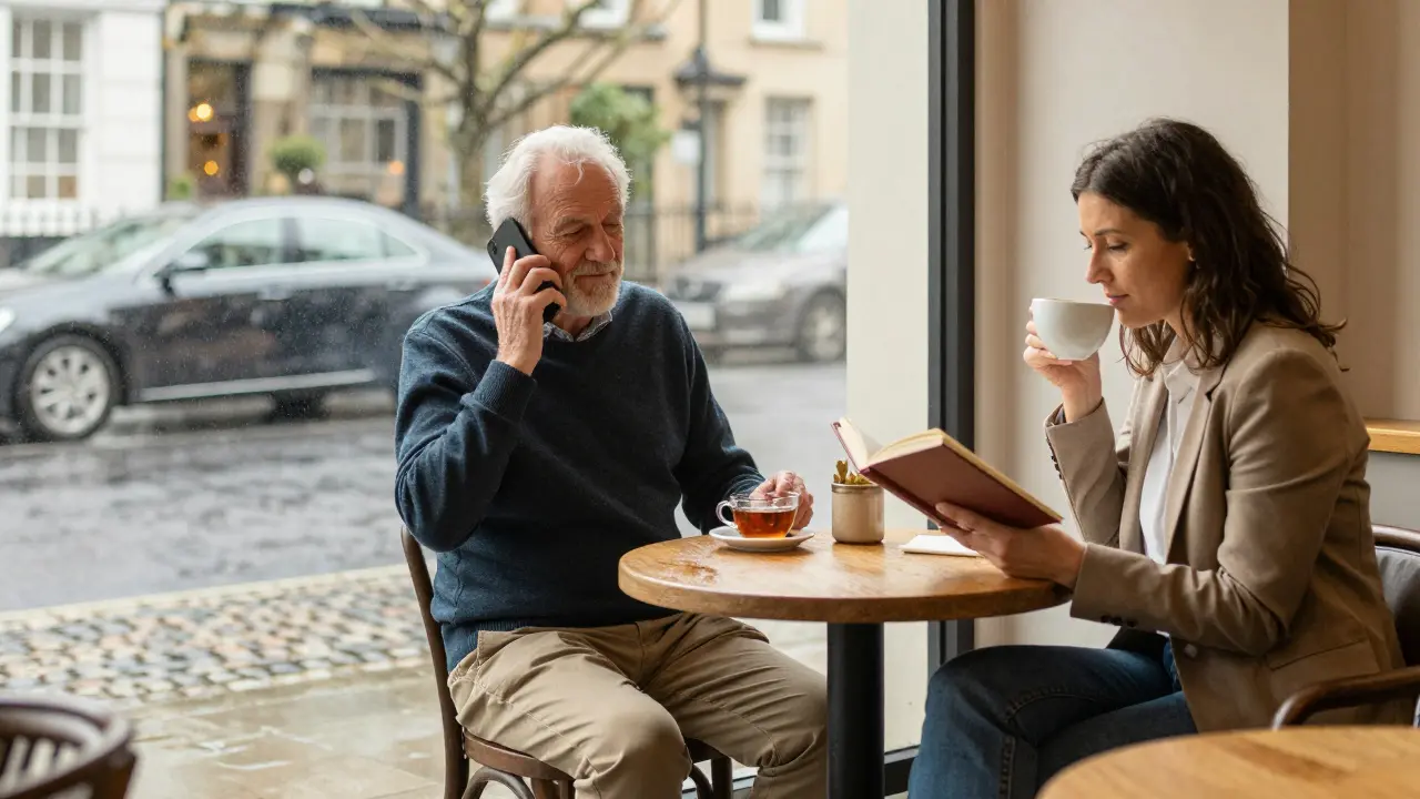 An elderly man on a phone call in a sunlit café, representing online-only emotional companionship.