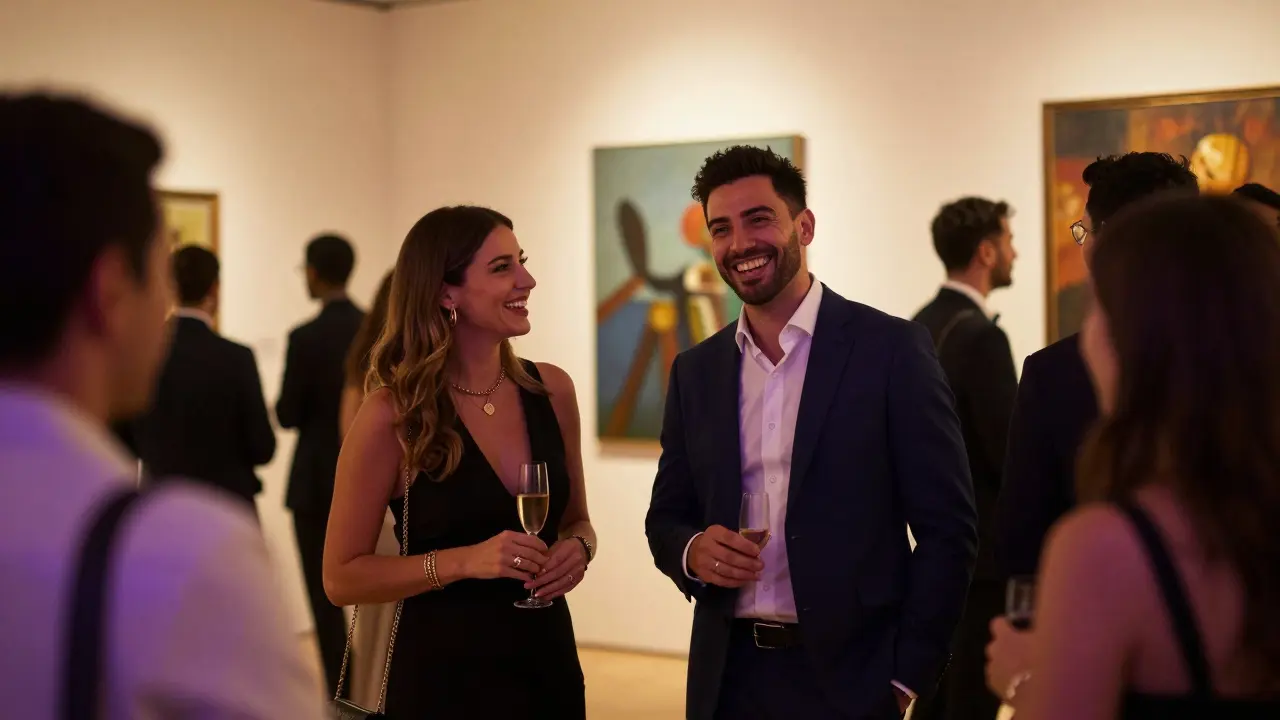 An elegant couple at a Dubai art gallery opening, laughing amidst modern art and soft ambient lighting.