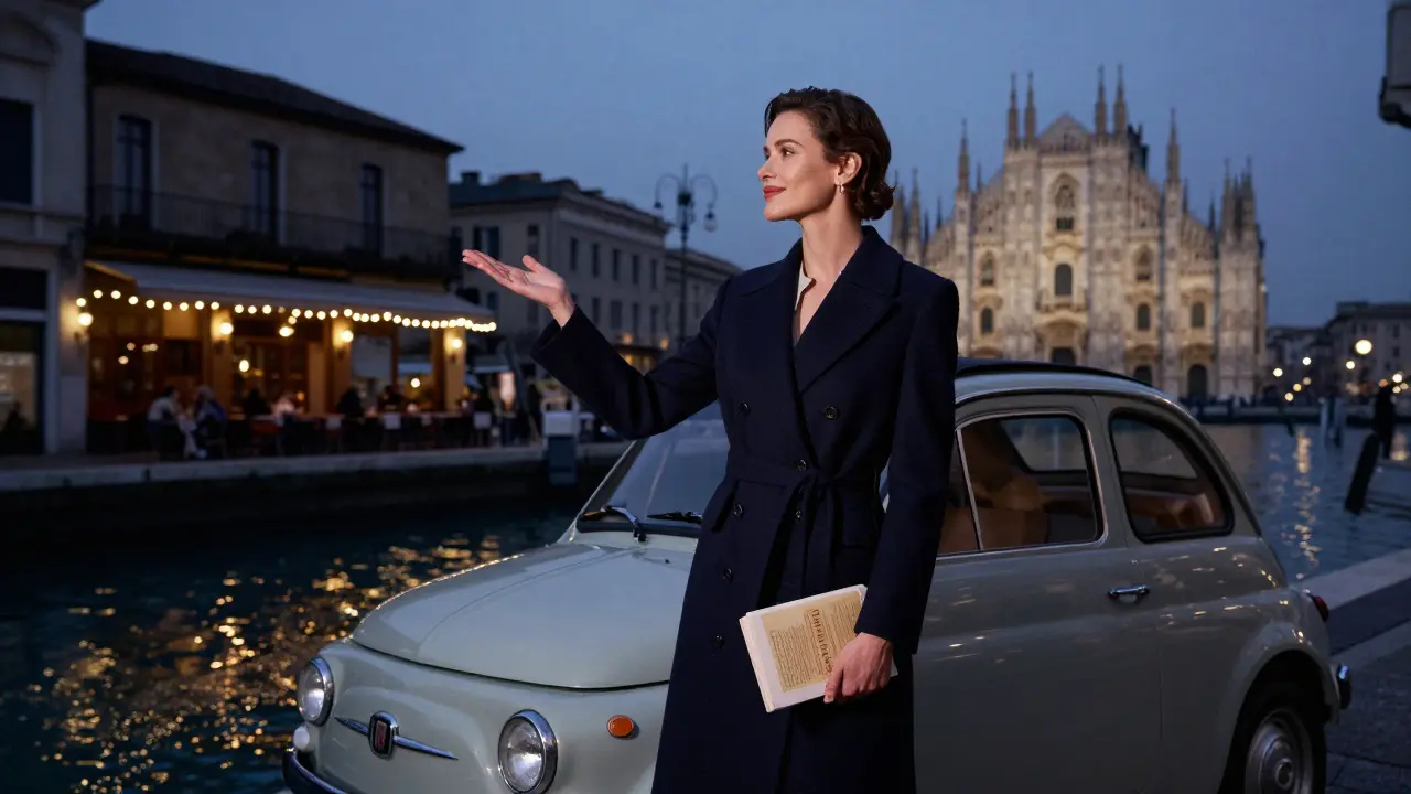 An elegant woman pointing toward a hidden café near Navigli canal at dusk, with the Duomo in the distance.