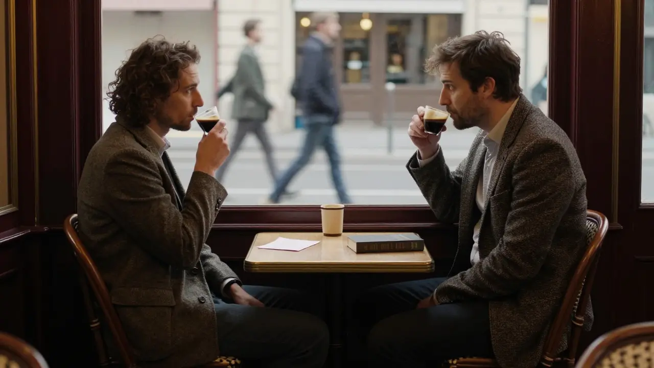 An empty café chair facing a man sipping espresso, a book and note left as a silent gesture.