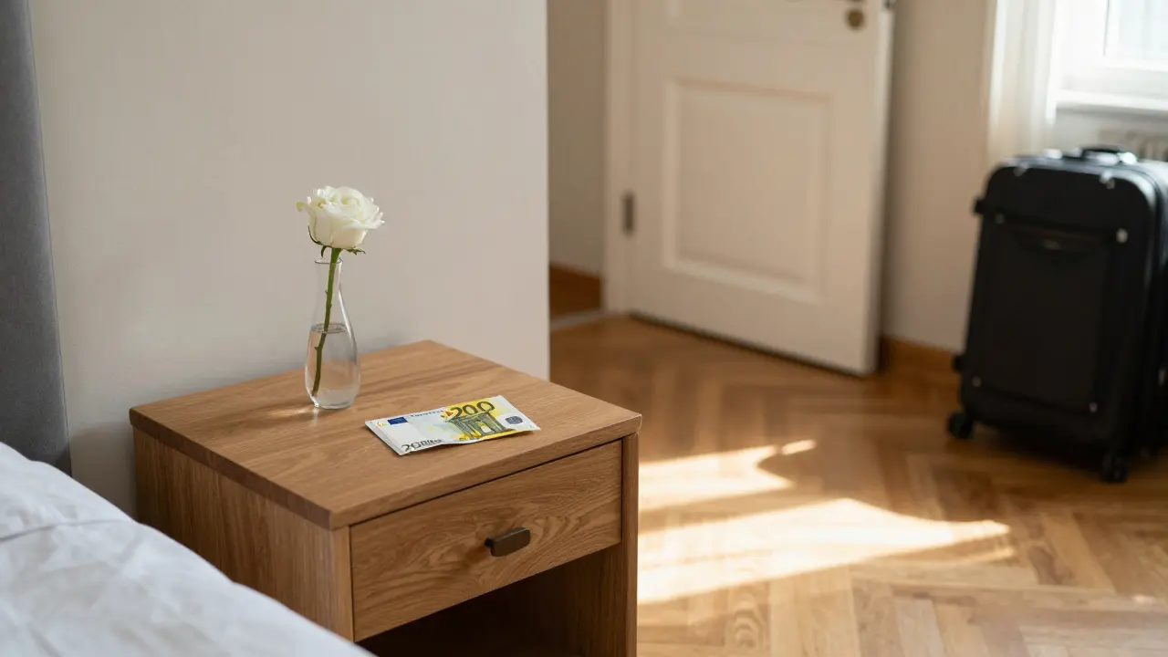 An empty hotel room at dawn holds only a folded bill and a single rose, conveying quiet dignity and clean closure.