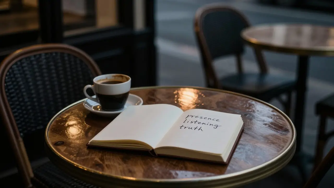 An empty Paris café table at dusk with a cooling cup of coffee and an open journal bearing three words: presence, listening, truth.