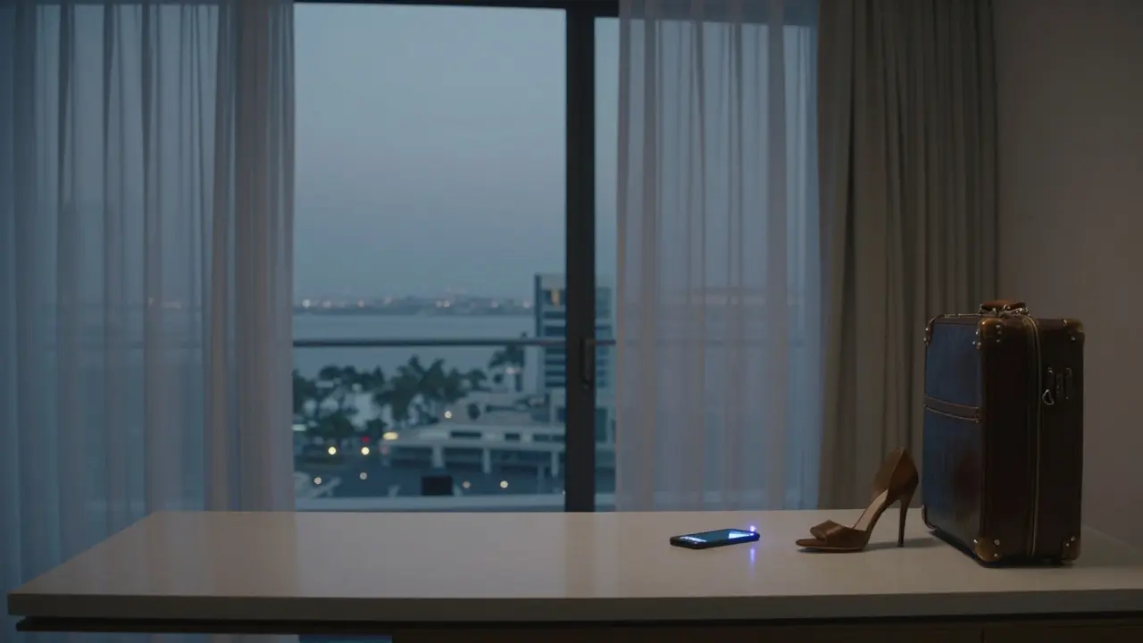 An empty upscale Dubai apartment at dusk, a shoe and phone left behind, conveying a quiet, completed encounter.