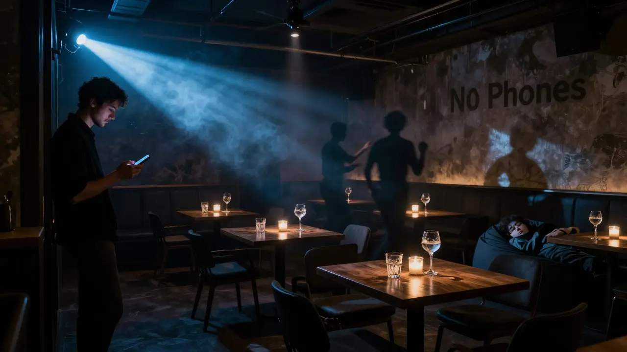 An underground club at 3 a.m. with people dancing, a phone being checked at the door, and no visible screens.