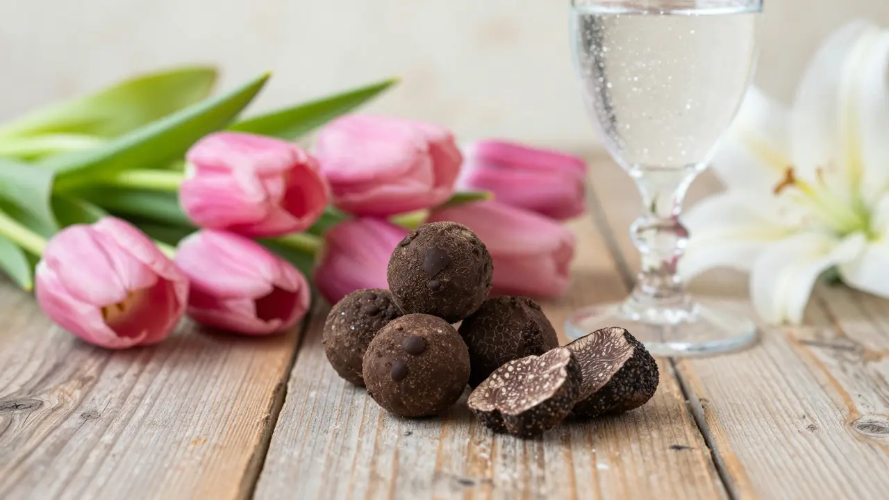 Artisanal chocolates and fresh flowers on rustic wooden table
