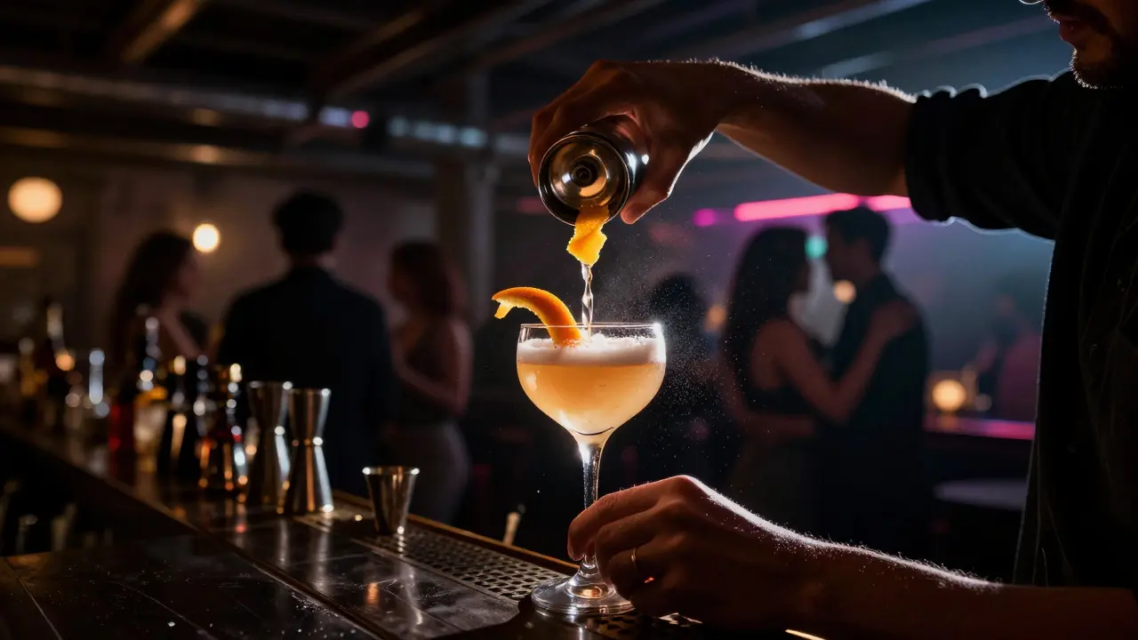 Bartender mixing a colorful cocktail in a dimly lit lounge