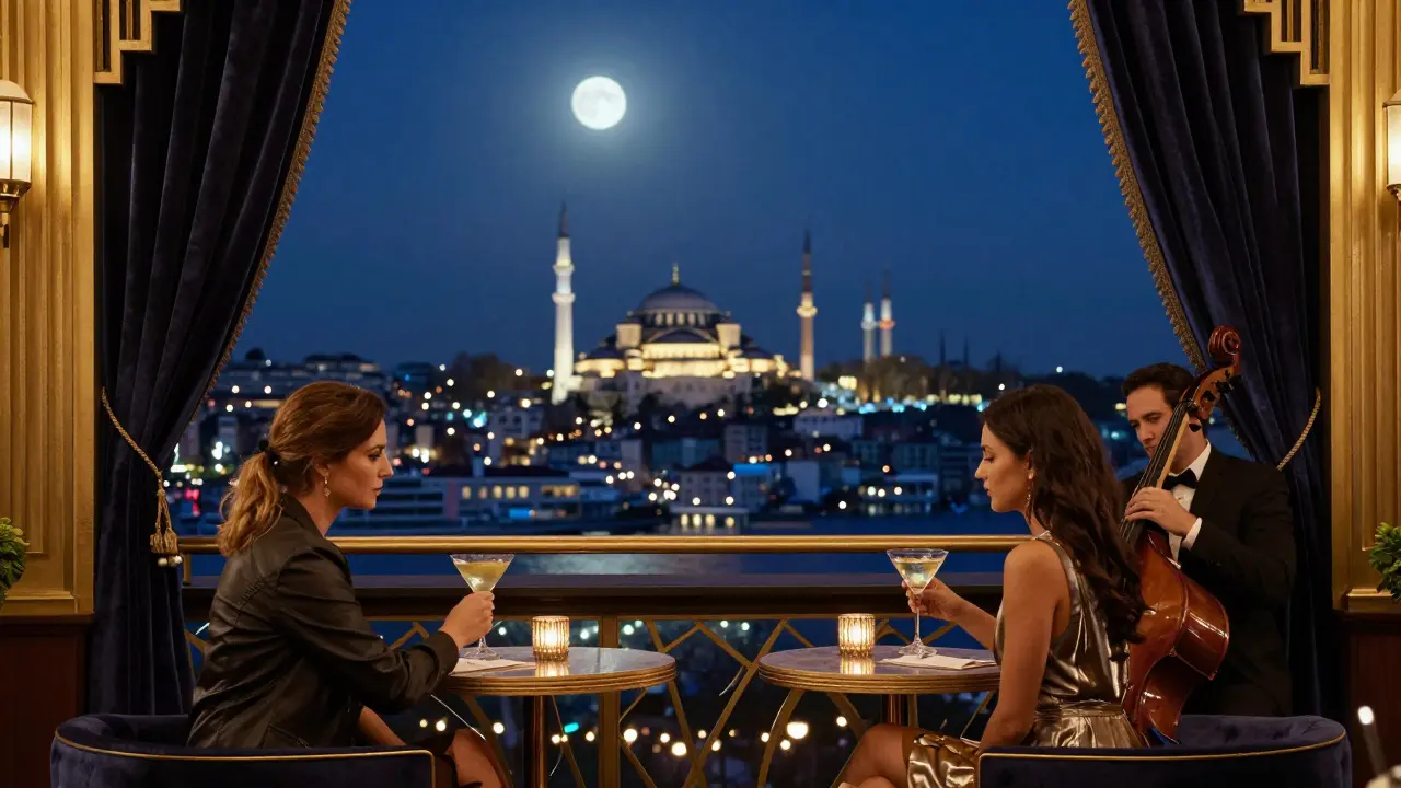 Couples enjoying gin cocktails on a rooftop bar with a view of Istanbul’s Blue Mosque at night.