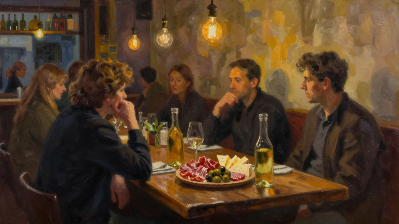 Cozy wine bar interior with cheese and wine glasses