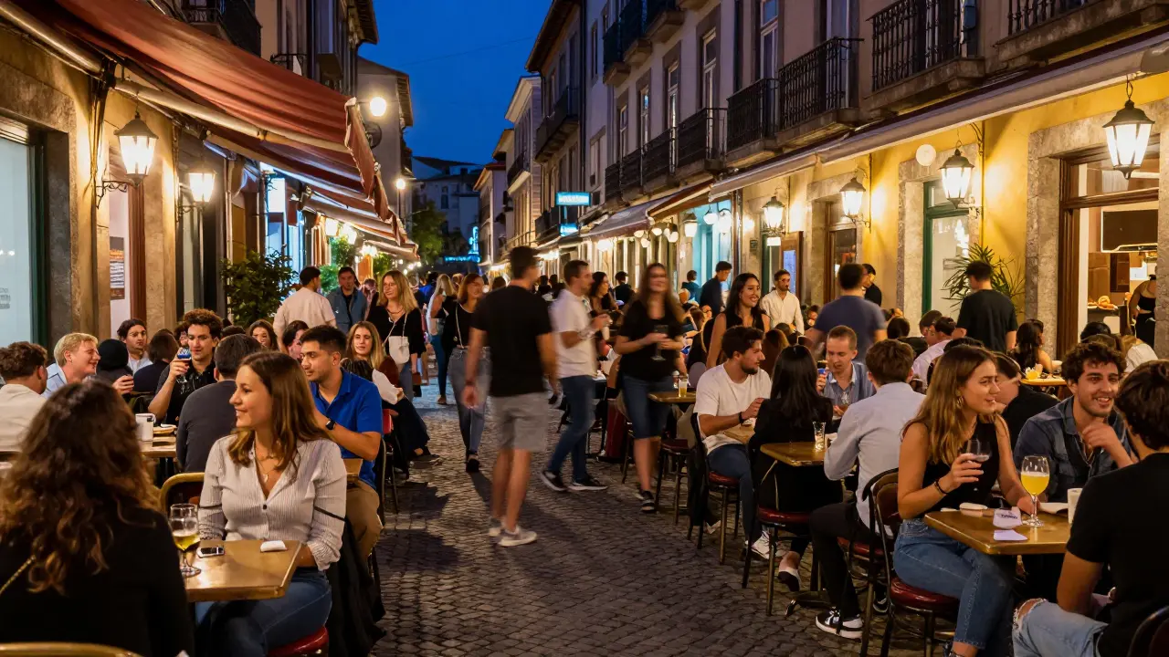 Crowded outdoor cafe terrace in the Latin Quarter at night with people drinking.