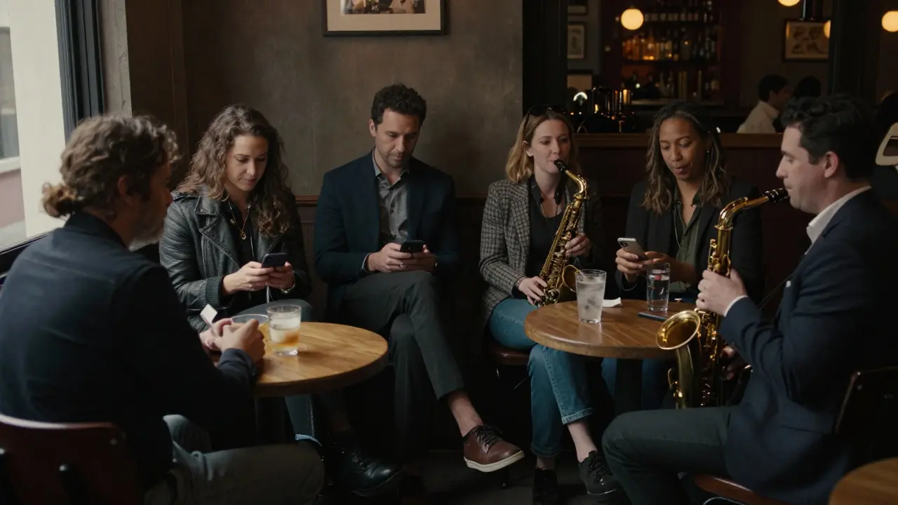 Diverse clients and companions mingle calmly in a Soho jazz bar, sharing stories in a warm, intimate setting.
