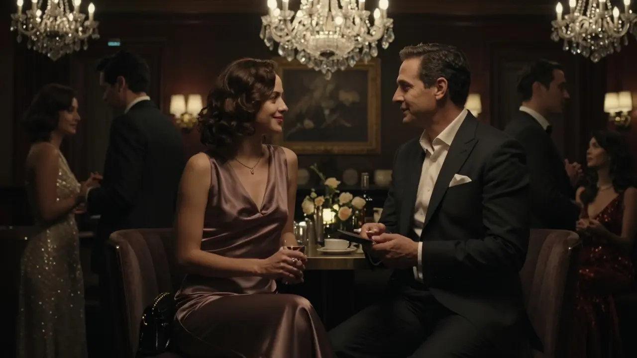 Elegant people socializing in a private lounge, conversing softly under elegant chandeliers.