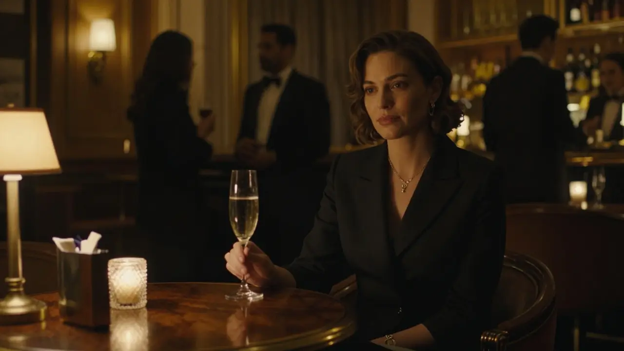 Elegant woman seated alone at upscale hotel bar