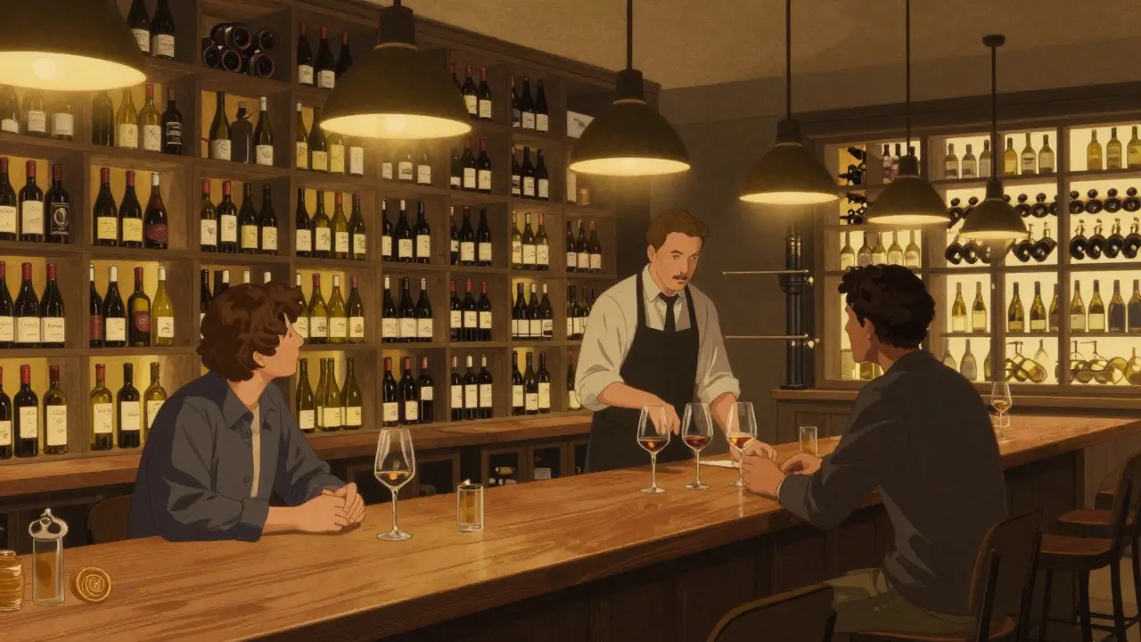 Hidden wine room with wall of bottles and server guiding a guest through a tasting of three organic wines.