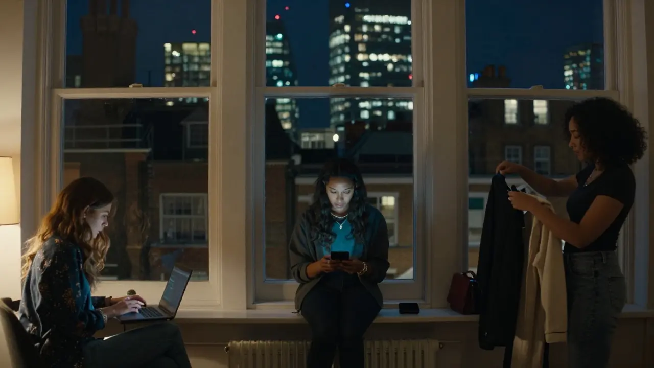 Individuals in London flats preparing for escort appointments, city lights visible through windows.