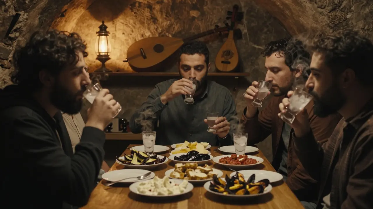Intimate cellar setting with people sipping raki and enjoying meze, lantern light and oud in background.