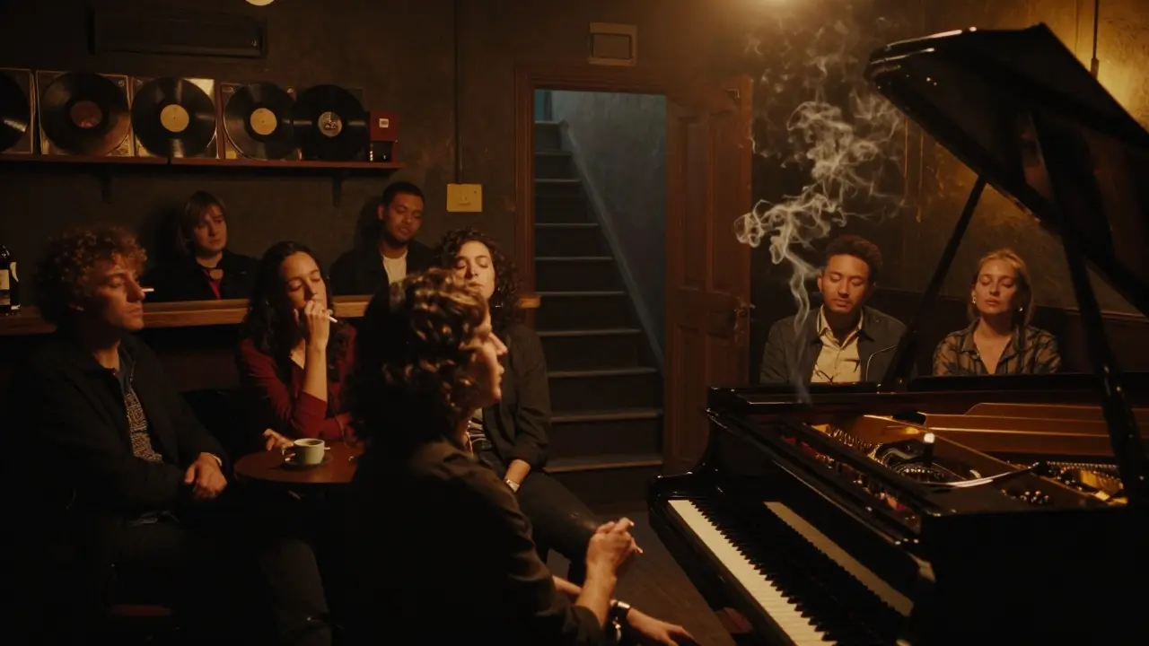 Intimate jazz club scene with a grand piano, dim lighting, and listeners lost in music, no signs or crowds.