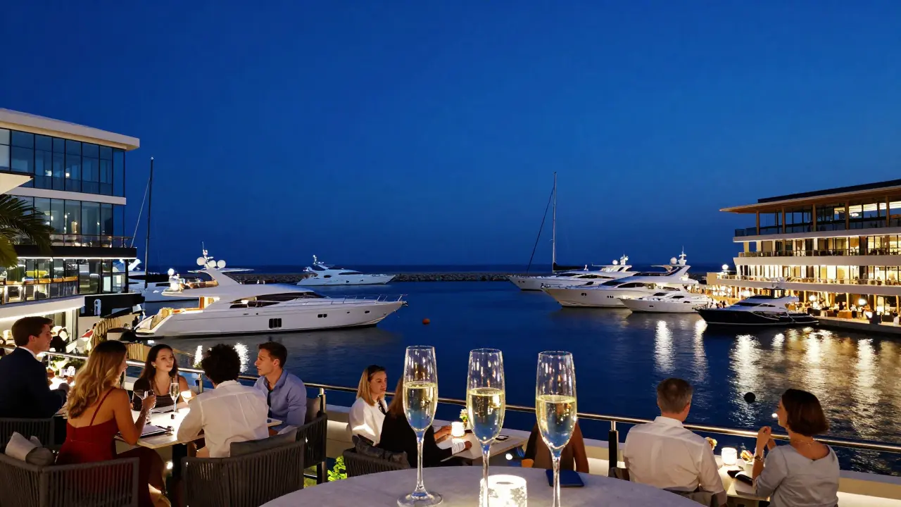 Luxury yacht club terrace overlooking marina with boats at night