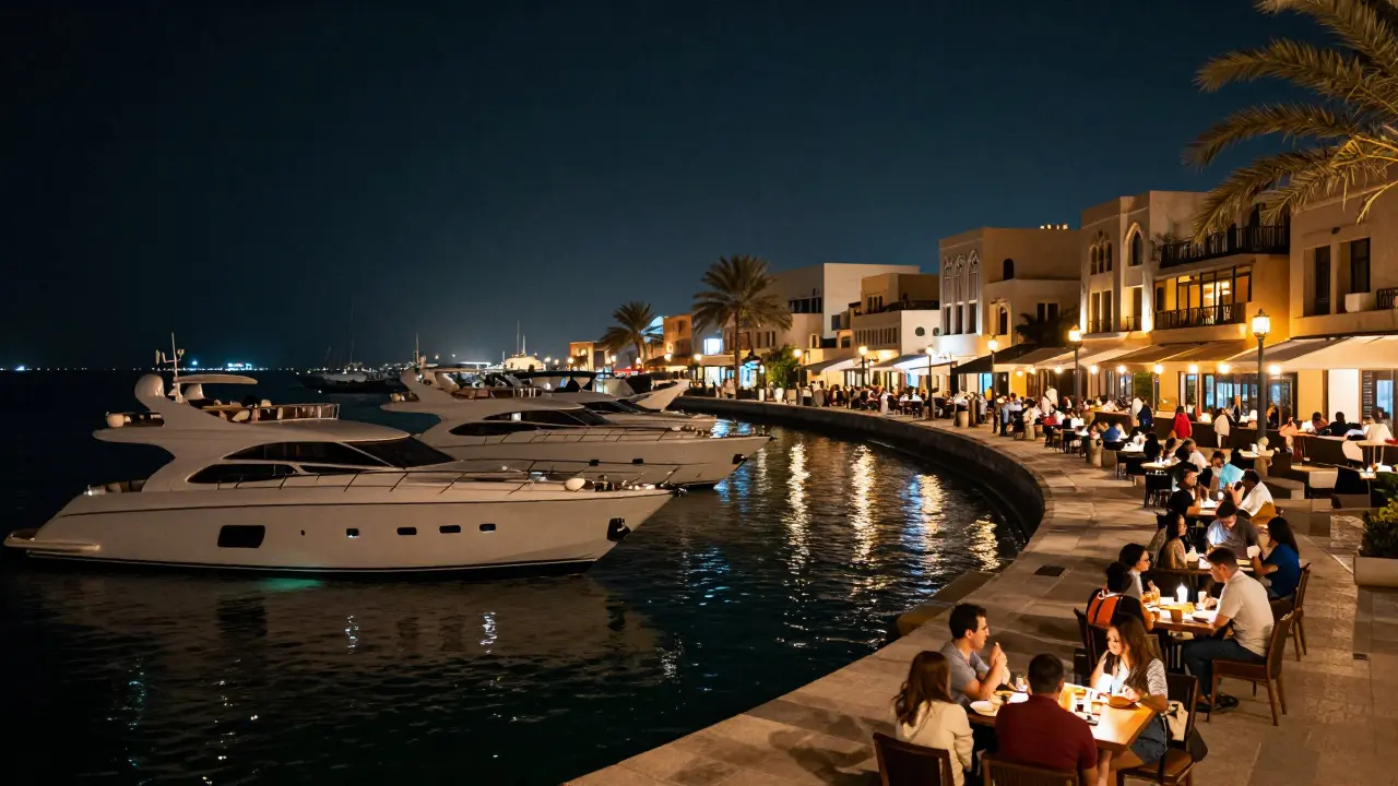 Marina waterfront at night with yachts and lit promenade