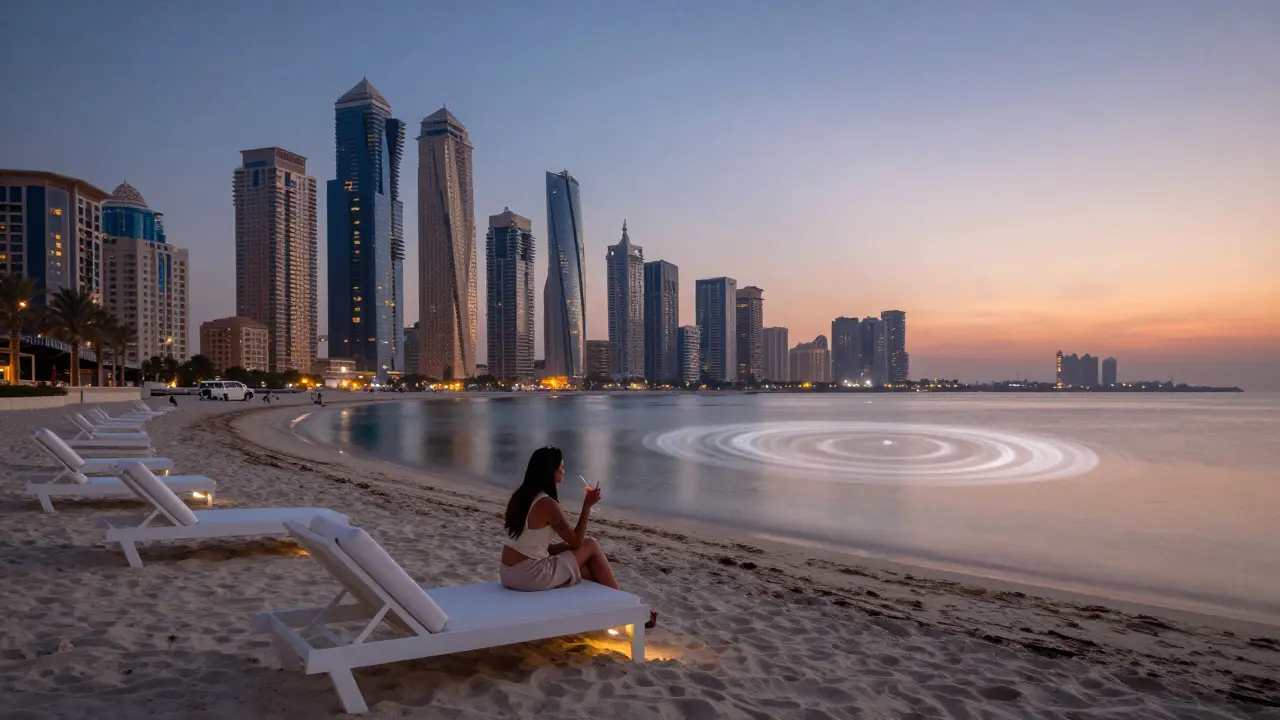 Minimalist beach lounge at dusk with white loungers and soft lighting overlooking the ocean.