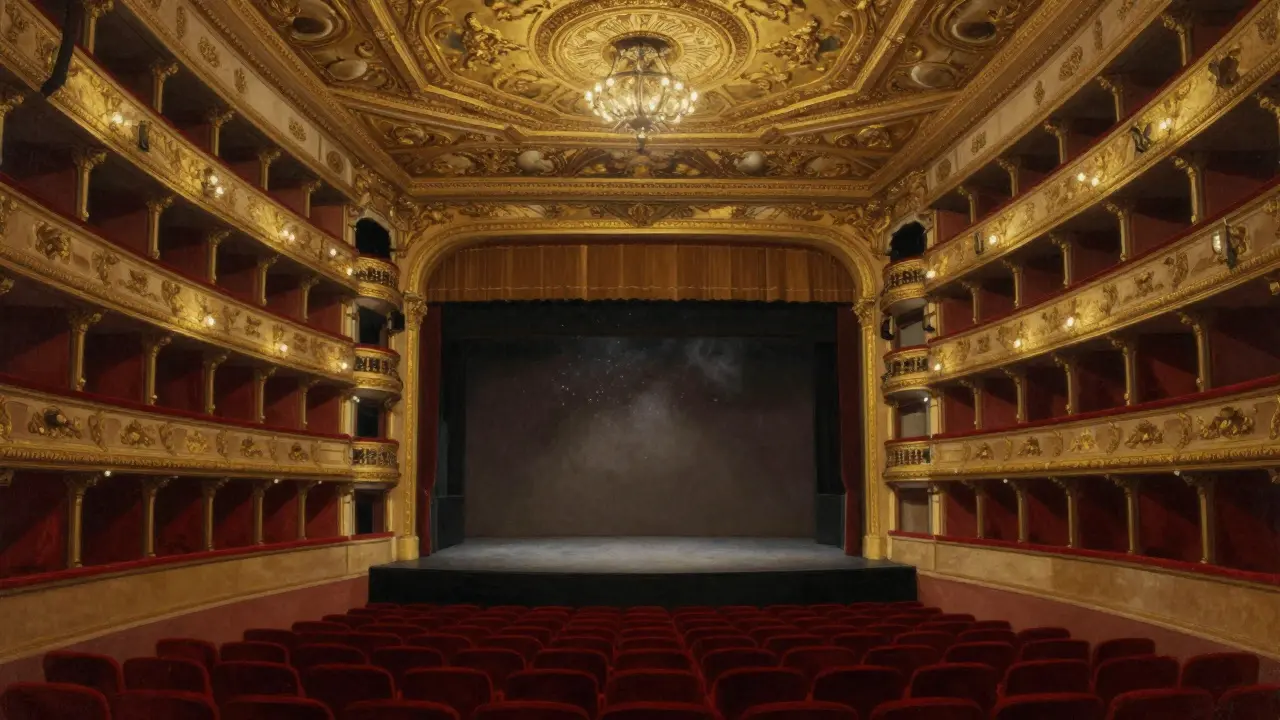 Ornate interior of historic opera house with gold details