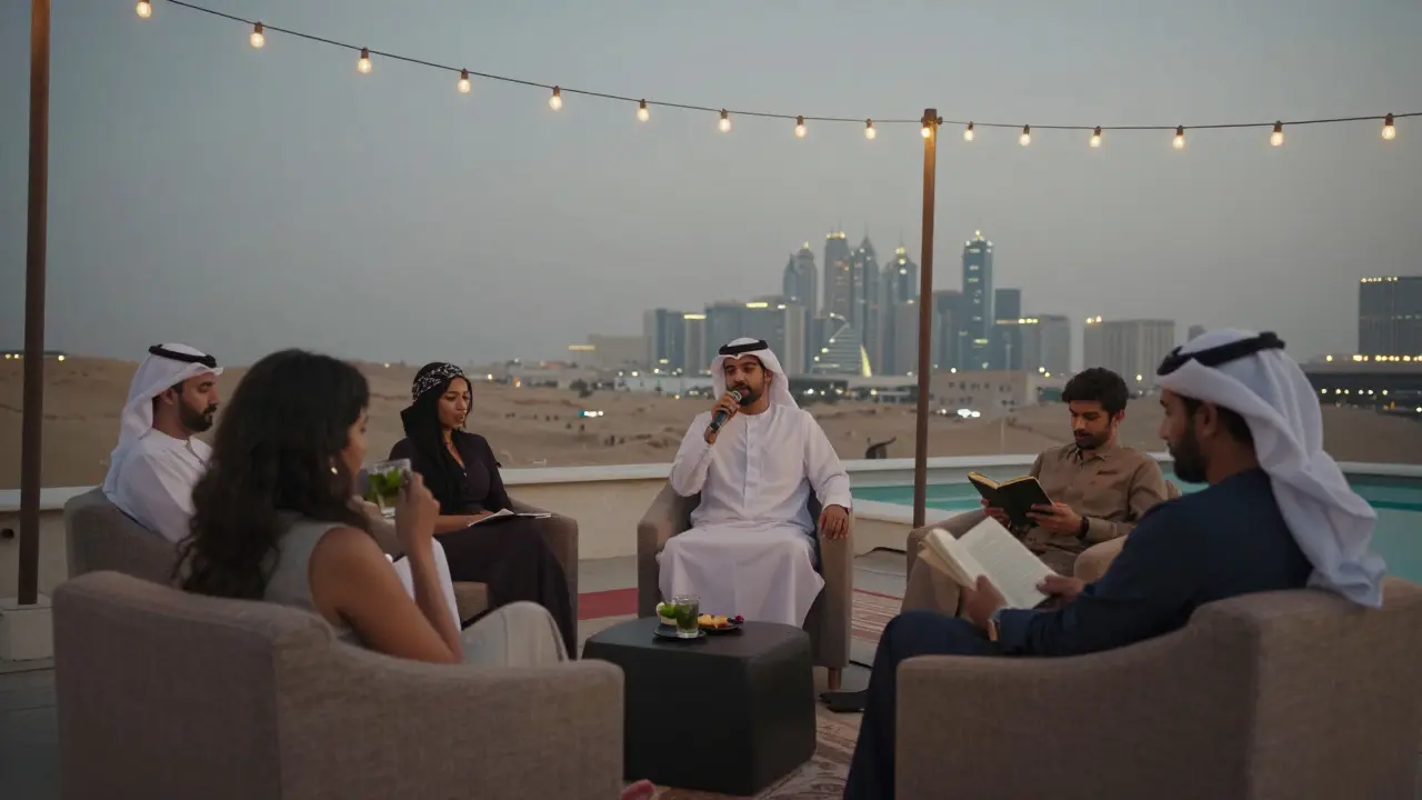 People relax on vintage armchairs on a quiet rooftop, listening to spoken word and ambient music under fairy lights and starlight.