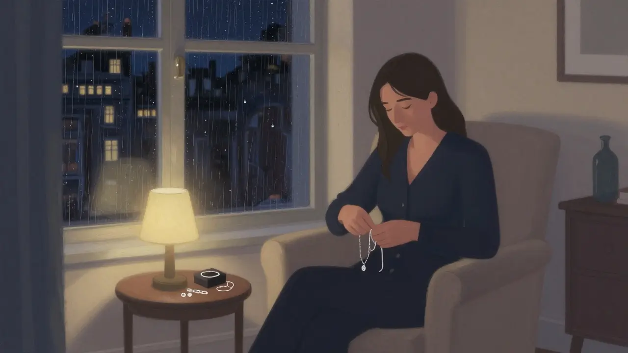 Person relaxing at home removing jewelry after night out