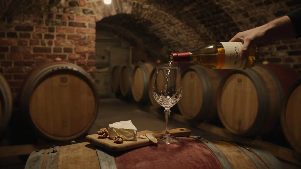 Quiet cellar bar with a single glass of aged white wine and small cheese bite, bathed in soft midnight glow.