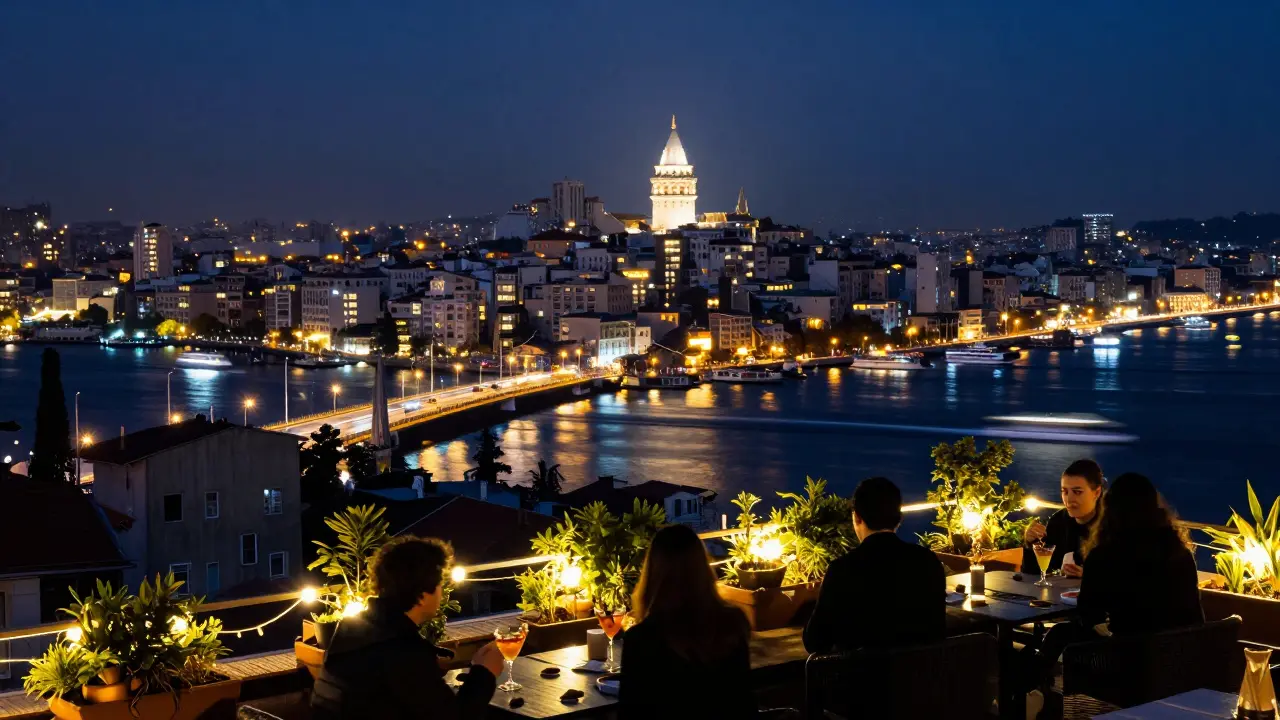Rooftop bar view over Istanbul harbor at night.