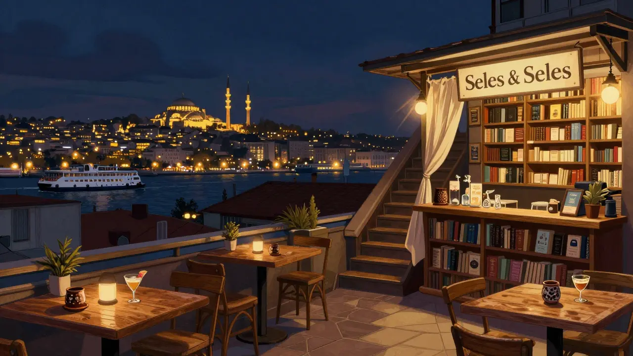 Rooftop bar with a view of Istanbul’s skyline, cocktails on wooden tables under a dark night sky.