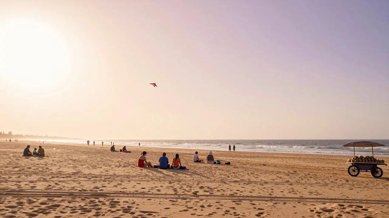 Serene Kite Beach at golden hour with a lone kite in the sky and quiet visitors on the sand.