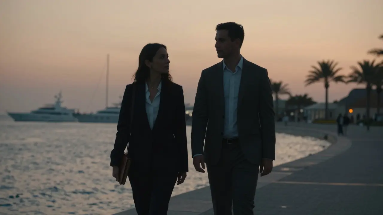 Silhouettes of a companion and client walking along the Corniche at dusk, immersed in calm, unspoken connection.