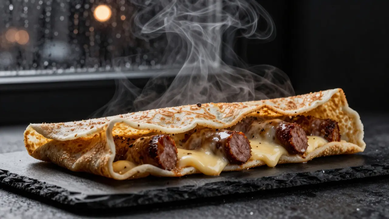 Steaming savory buckwheat crepe with sausage filling