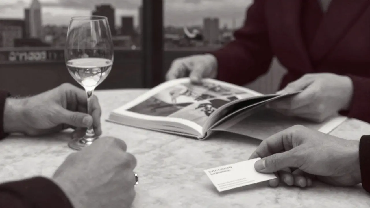 Three hands engaged in a quiet, intimate moment—wine, art, and a business card—symbolizing refined connection.