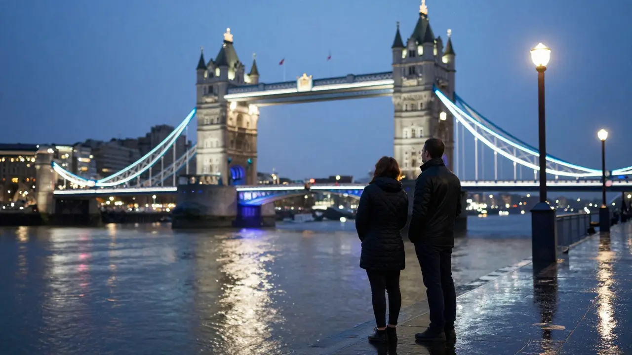 Two figures stand together at Tower Bridge at night, watching the bridge's lights shimmer on the rain-dappled Thames.
