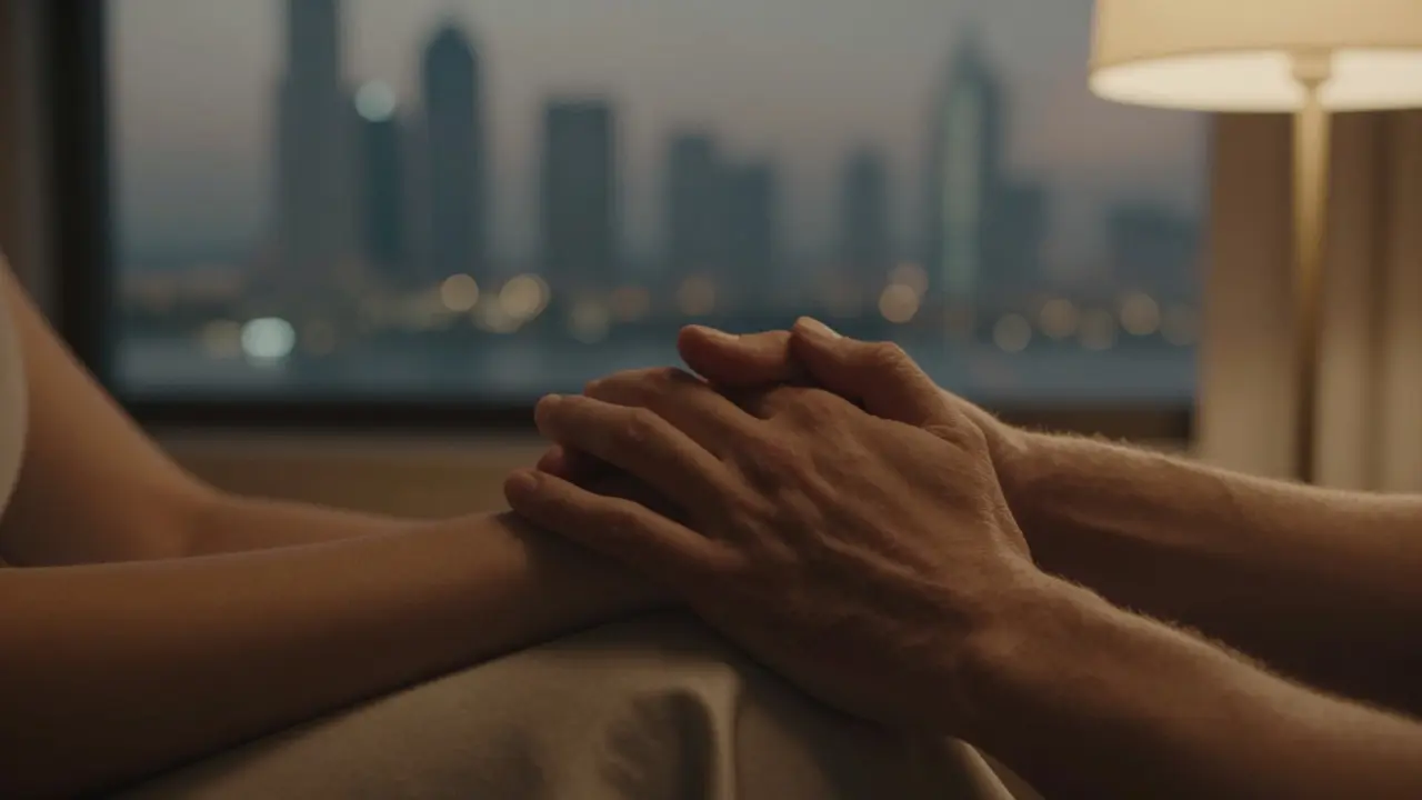Two hands rest together in quiet intimacy, with a blurred Dubai skyline behind them at twilight.