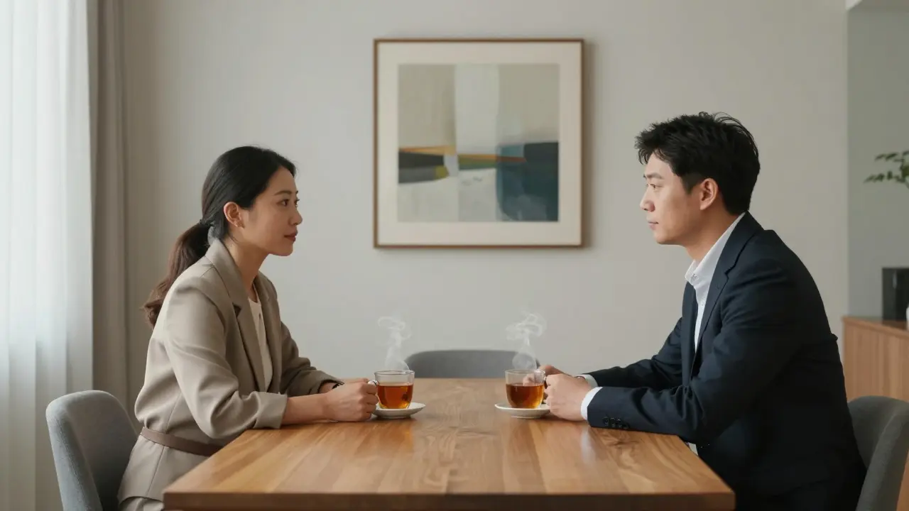 Two individuals sit in a serene office, engaged in quiet, respectful conversation over tea.