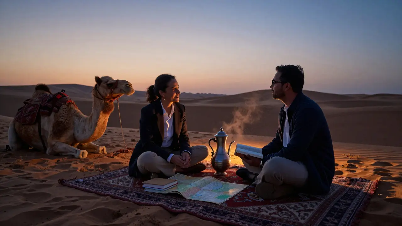Two people enjoying a private desert evening with coffee and books, surrounded by golden dunes at dusk.