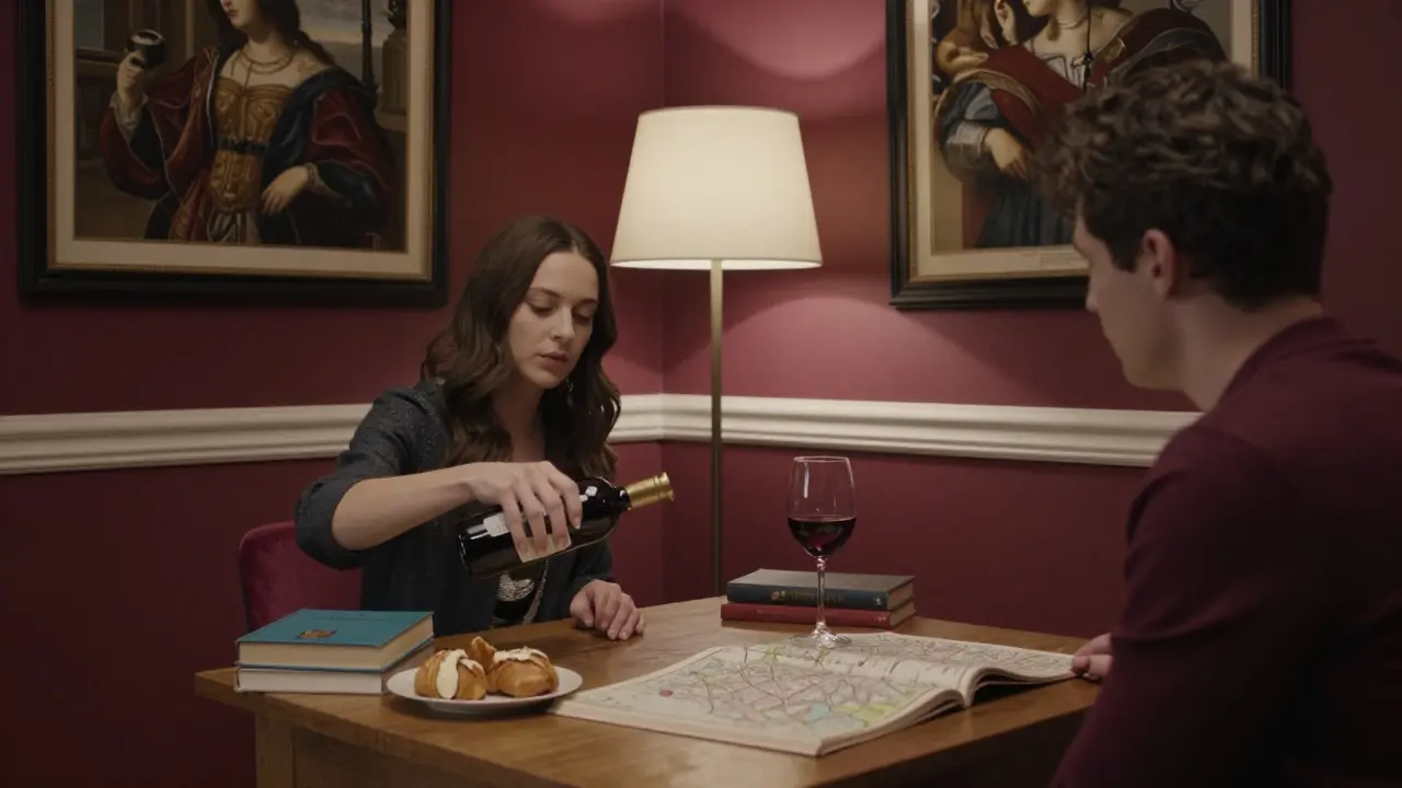 Two people enjoying wine and conversation in a cozy Milan apartment, surrounded by art and books, reflecting genuine connection.