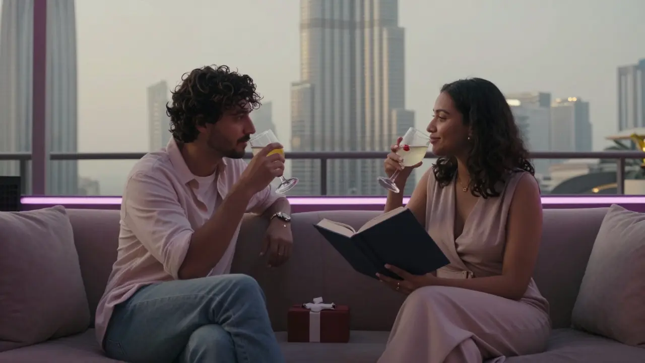 Two people on a rooftop lounge in Dubai, sharing a quiet moment with a book, radiating dignity and connection.