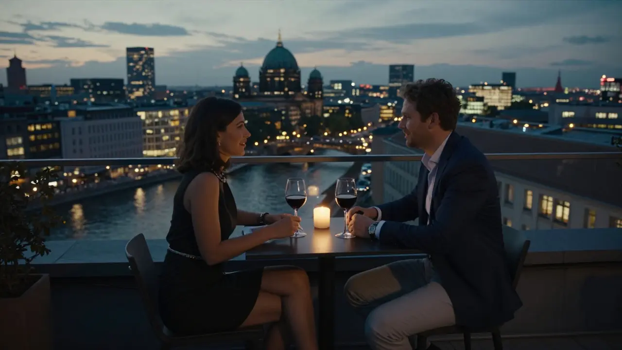Two people sharing a quiet dinner at a Berlin rooftop restaurant, engaged in thoughtful conversation at twilight.