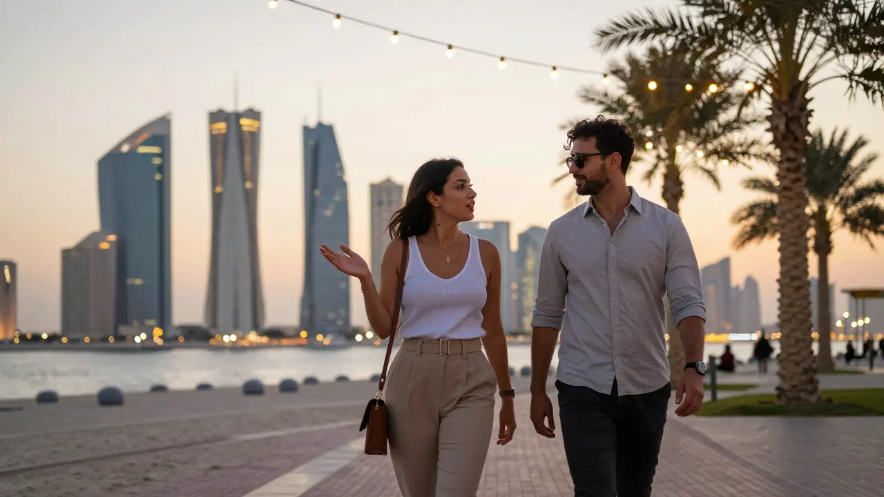 Two people walking along the Corniche at sunset, engaged in thoughtful dialogue under city lights.