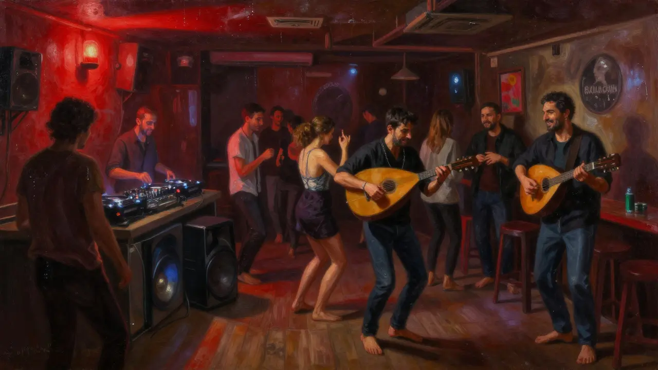 Underground club with red lighting, people dancing to fusion music in a dim basement space.